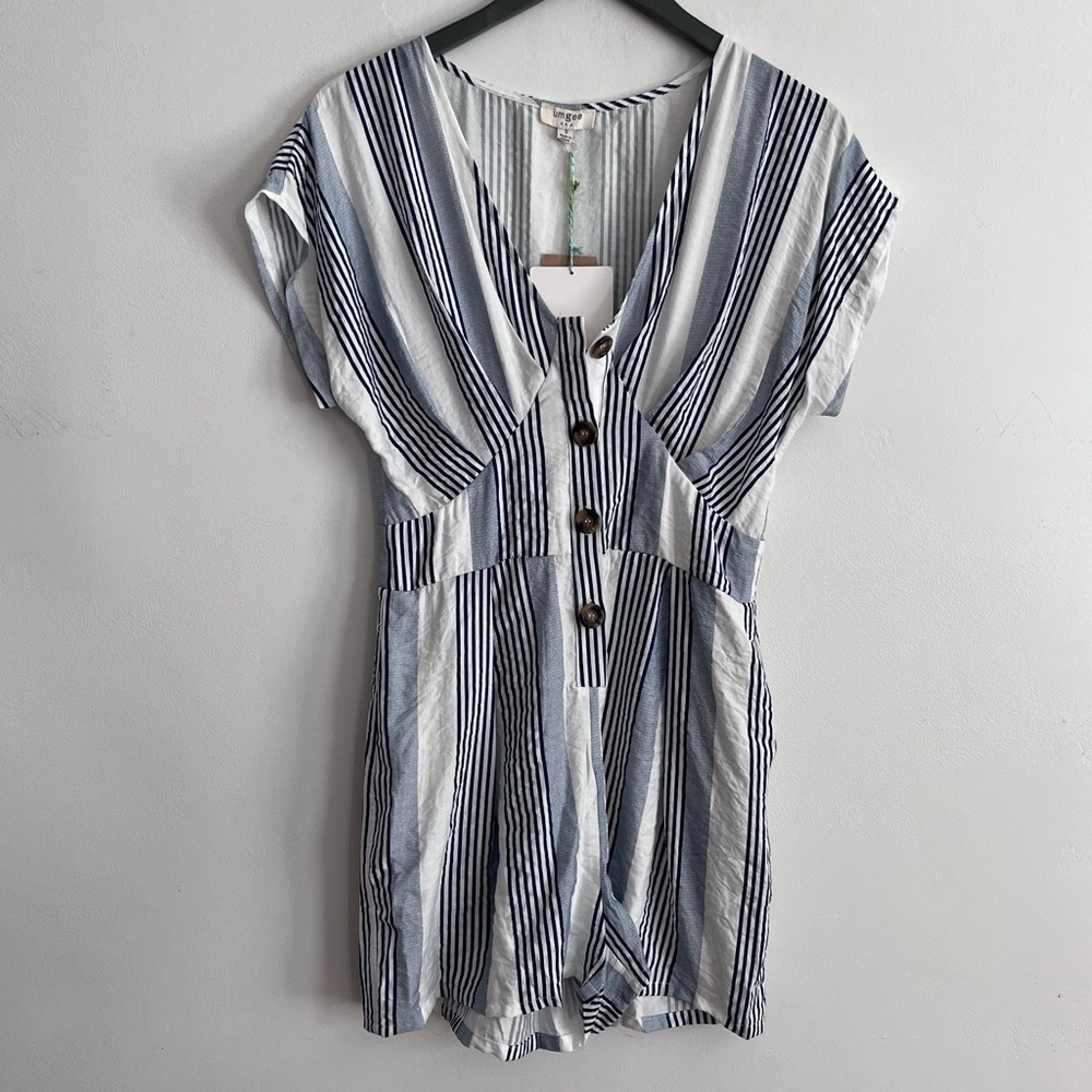 Umgee White And Blue Striped V Neck Romper with Pockets